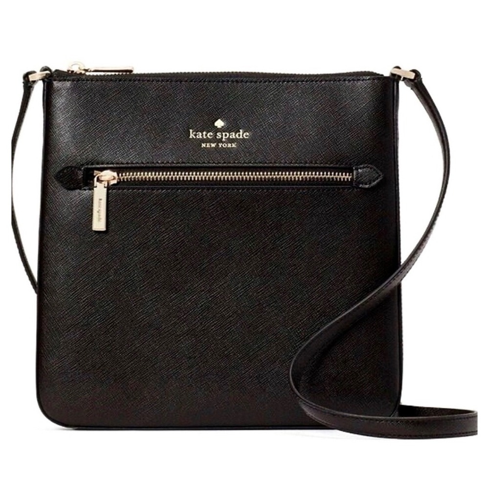 KATE SPADE New York‎ Black Leather Crossbody Bag Saffiano Sadie Gold Thin Purse